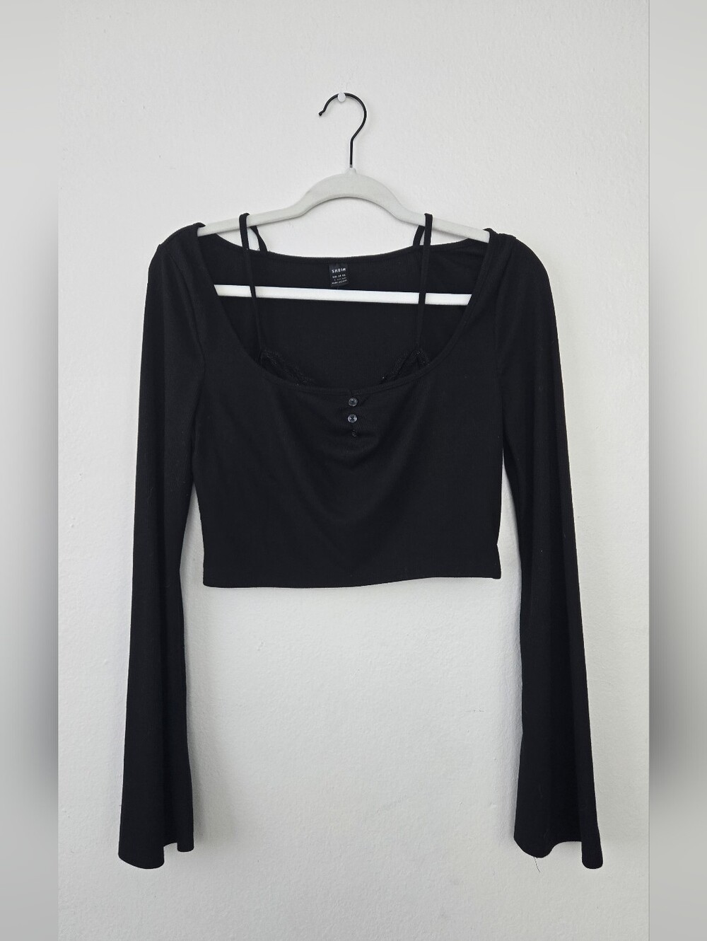 Black Long-Sleeve Cropped Scoop Neck Grunge Punk Top